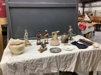 BOX W/ VINTAGE ITEMS - MARBLE PITCHER, FIGURINES, FLUTED BOWL, LEATHER GLOVES