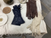 BOX W/ VINTAGE ITEMS - MARBLE PITCHER, FIGURINES, FLUTED BOWL, LEATHER GLOVES - 7