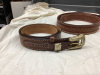 LEATHER AND METAL BELTS, COORS BOLO TIE, CALGARY POLICE RODEO BUCKLE, CALGARY STAMPEDE NECK KERCHIEF - 2