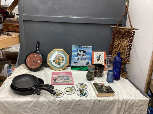 (3) SMALL BOXES OF HOUSEHOLD ITEMS - CAT BOOKS, DECOR, CAST FRYPAN CLOCK, NEEDLEPOINT PICTURE, "THE ROCK" FRY PANS