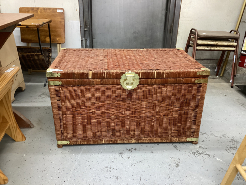 WICKER TRUNK W/ BRASS ACCENTS