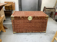 WICKER TRUNK W/ BRASS ACCENTS