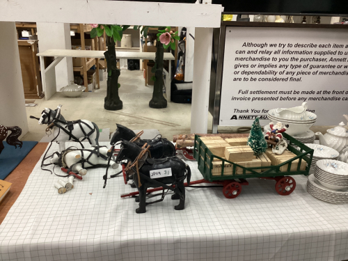 HAND CRAFTED WOOD HORSES W/ SLEIGH & WAGON