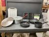 (2) BOXES KITCHEN ITEMS - ALUMINUM STOVE TOP OIL FRYER, FRYING PANS, TRAY,