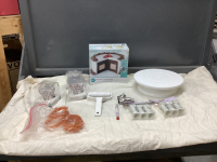 CAKE DECORATING ITEMS - FANCI-FILL CAKE PAN SET, TURNTABLE, PILLARS, CUPCAKE BAKING CUPS, COOKIE CUTTERS