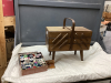 ACCORDIAN STYLE SEWING BOX FILLED W/ NOTIONS AND TIN WITH THREAD