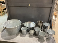 STAINLESS STEEL BUCKETS OF VARIOUS SIZES, 3 METAL CONTAINERS