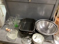 2 BOXES S/S BOWLS, PANS, ROASTER, GLASSWARE, PLASTIC CONTAINERS