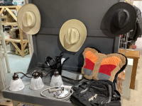 2 BOXES; BACKPACKS, COWBOY HATS, UTENSILS, PILLOW