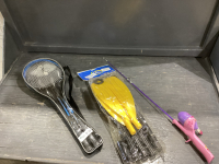 KIDS FISHING ROD, BADMINTON RAQUETS & PLASTIC OARS