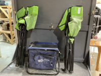 2 FOLDING CHAIRS, FOLDING STOOL & 2 FOLDING DECK CHAIRS W/SIDE TABLE
