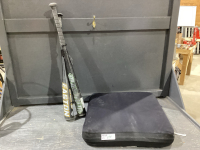2 ALUMINUM BATS, SEAT CUSHION