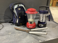 (2) CAMPING LANTERNS, BACKPACK, HEDGE TRIMMERS