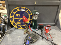 COLEMAN LANTERN, CLOCK, PARROT, BALL GLOVE, PUMP & LEASH SPIKE