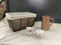 ROYAL ALBERT CREAM & SUGAR - "LAVENDAR ROSE", POTTERY PITCHER, BASKET