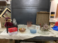 VINTAGE MILK BOTTLES, VINTAGE BLUE BUBBLE GLASS (SOME CHIPS), PINK WATER PITCHER (CHIPPED) CAMPBELLS RECIPE CARD TIN, WICKER BASKET