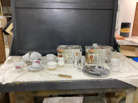 BOX W/ ROYAL ALBERT CREAM & SUGAR, TEA CUPS & SAUCERS, DRINKING GLASSES,