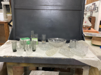 BOX OF GLASSWARE - BOWL, BUTTER DISHES, DRINKING GLASSES, SALT & PEPPERS