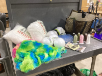 FUZZY FABRIC, PILLOW FORMS, STYROFORM BALLS, FABRIC SQUARES, THREAD + CONTAINERS, BOBBINS, PATTERNS