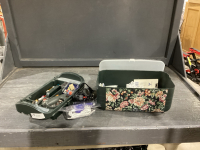 SEWING BOX WITH BOBBINS, THREAD, HOT GLUE GUNS, GLUE STICKS, FABRIC CUTTER