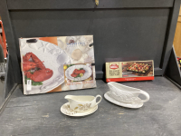 LARGE OVAL PLATTER + BOX W/ 2 GRAVY BOATS + SHISH KEBAB SET