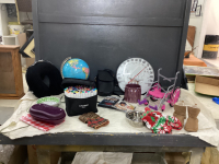 ASSORTED HOUSEHOLD BOX - SHOULDER STRAP PURSE, TUPPERWARE EGG COOKER, DOG DISH & SWEATER, TOY WHEEL CHAIR, THERMOMETER