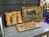 (3) DECOR ITEMS - PICTURES ON WOOD, &ldquo;KITCHEN&rdquo; SIGN