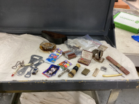 VINTAGE ITEMS - LEATHER STROP, RAZORS, BOTTLE OPENERS, LIGHTER, OLD MATCH BOOKS, A FEW SPORTS CARDS