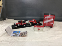 CANADIAN TIRE COLLECTIBLES - 1929 FORD MODEL A & 1952 CEVY PICK UP DIES CAST VEHICLES, MASTERCRAFT MINI TOOLBOX, TOKENS, MINI LUNCH KIT
