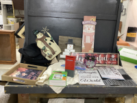 BOX W/ MISC DECOR - CHRISTMAS DECOR, "COACH" PURSE, CRAFT STAMPS, PLACEMATS, WINDOR DECALS,