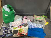 2 BAGS W/HOMEMADE BIBS + BURP CLOTHS, CLOTH GIFT BAGS, BABY BLANKET