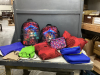 BOX W/ DIY TINTED LIP KIT, (2) RED THROW PILLOWS, (3) NEW INSULATED LUNCH BAGS, (2) NEW "STAR COURT" BACKPACKS