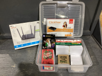 D-LINK ROUTER, PLASTIC TOTE W/ENVELOPES, INDEX CARDS, BACK UP, CARDS, PHOTO PAPER