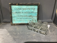 2 ITEMS - WOOD &ldquo;COME SIT&rdquo; SIGN + METAL TRAY WITH JARS