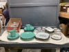 TOTE W/ (2) DISH SETS - BERNIE BROWN & A TEAL SET AND CRYSTAL GLASSES