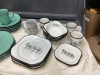 TOTE W/ (2) DISH SETS - BERNIE BROWN & A TEAL SET AND CRYSTAL GLASSES - 2