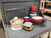 BOX W/PLASTIC CONTAINERS, BROILER PAN, RACKS, LADLE, TUPPEWARE