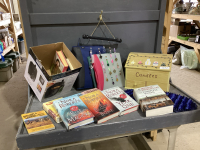 (3) BOXES- B0X OF BOOKS, CANDLE BOX, OFFICE ITEMS, HOT PADS
