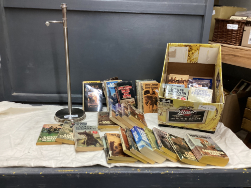 BOX OF LOUIS LAMOUR WESTERN BOOKS & TOILET PAPER ROLL HOLDER