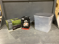 PLASTIC STORAGE TUB, EDGE CRAFT KNIFE SHARPENER, STAR WARS DROID