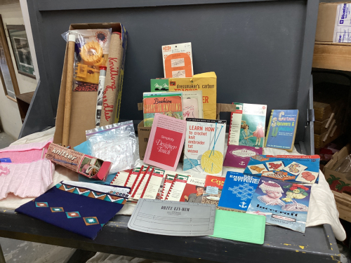 (2) BOXES W/ SEWING, KNITTING SUPPLIES/ HOW-TO BOOKS,