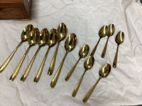 GOLD COLORED UTENSILS IN WOOD BOX AND MINI CHRISTMAS TEA SET