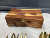 GOLD COLORED UTENSILS IN WOOD BOX AND MINI CHRISTMAS TEA SET - 3