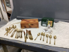 GOLD COLORED UTENSILS IN WOOD BOX AND MINI CHRISTMAS TEA SET - 5