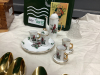 GOLD COLORED UTENSILS IN WOOD BOX AND MINI CHRISTMAS TEA SET - 6