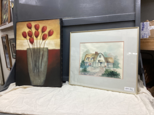 (2) PICTURES - FLOWERS & FARM HOUSE