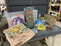 BOX OF DECOR + GREENERY, CHINESE LANTERNS, SIGNS, TAROT CLOTHS