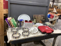 GOOD LIDDED TOTE W/ HAND MIXER, GLASS CUTTING BOARD, POTTERY CASSEROLE, CHICKEN ROASTER, CUTLERY, WAFFLE IRON