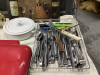 GOOD LIDDED TOTE W/ HAND MIXER, GLASS CUTTING BOARD, POTTERY CASSEROLE, CHICKEN ROASTER, CUTLERY, WAFFLE IRON - 4