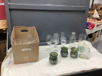 (2) BOXES W/ WINE GLASSES AND VASES, ONE MILK BOTTLE